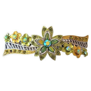 Rhinestone Hair Clip Piece Gold and Green on Silver Floral Glittery 3.5" - Flaw